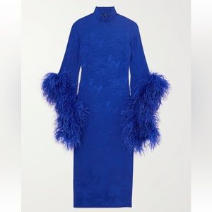 Taller Marmo Toile Del Rio Feather-Trimmed Satin-Jacquard Dress in Royal Blue
